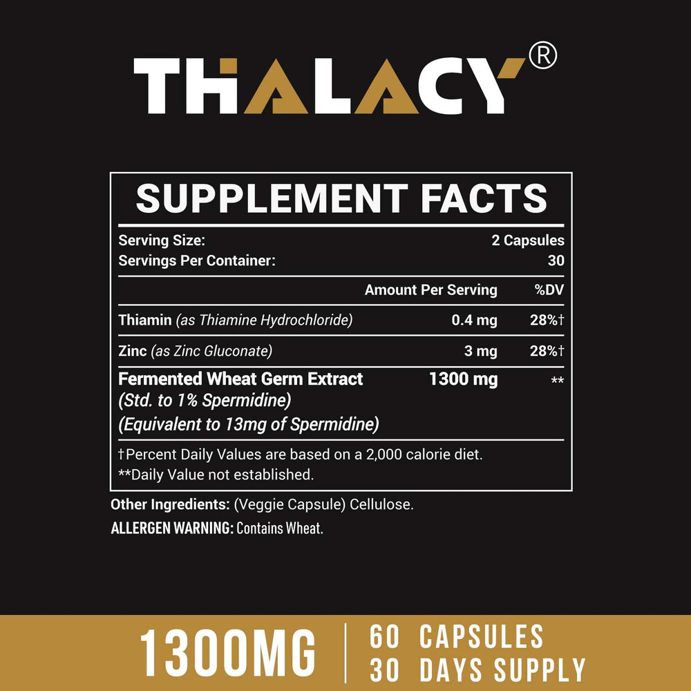 Close-up of Thalacy capsules highlighting high potency spermidine formula