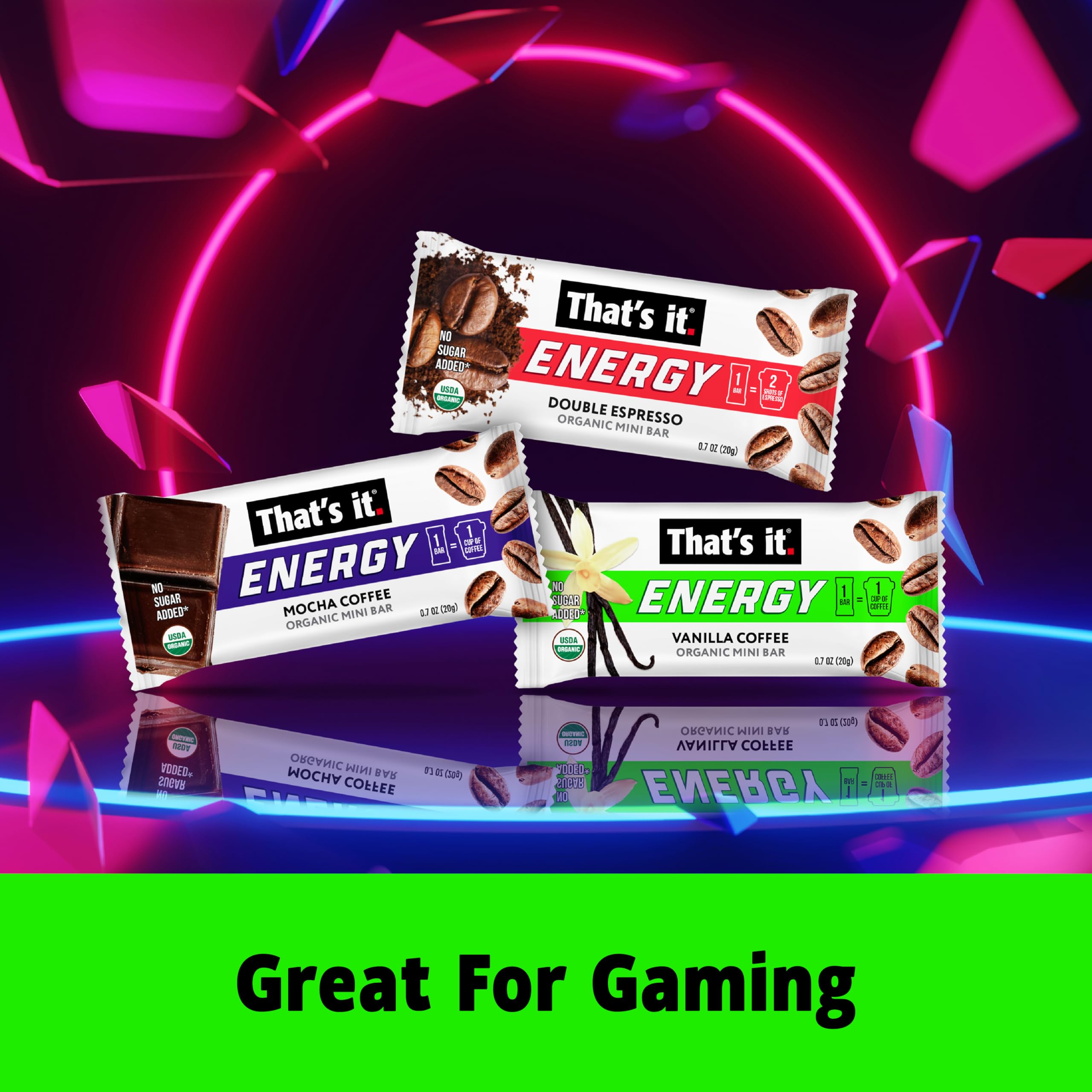 That's it Variety coffee energy bars closeup — three flavors for versatile snacking