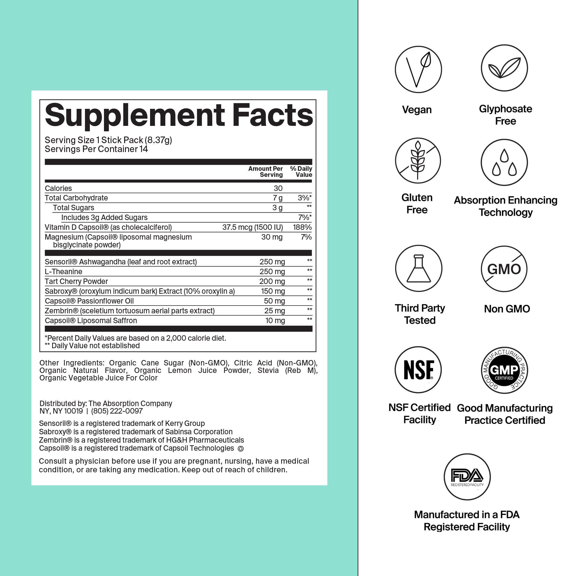 The Absorption Company Calm Drink Mix sticks pack for on-the-go stress relief.