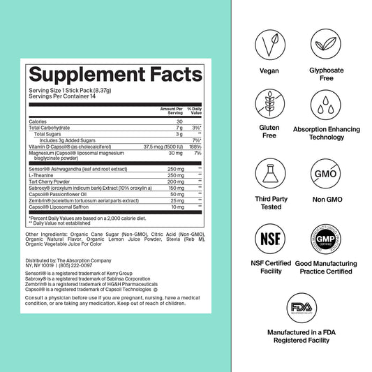 The Absorption Company Calm Drink Mix sticks pack for on-the-go stress relief.