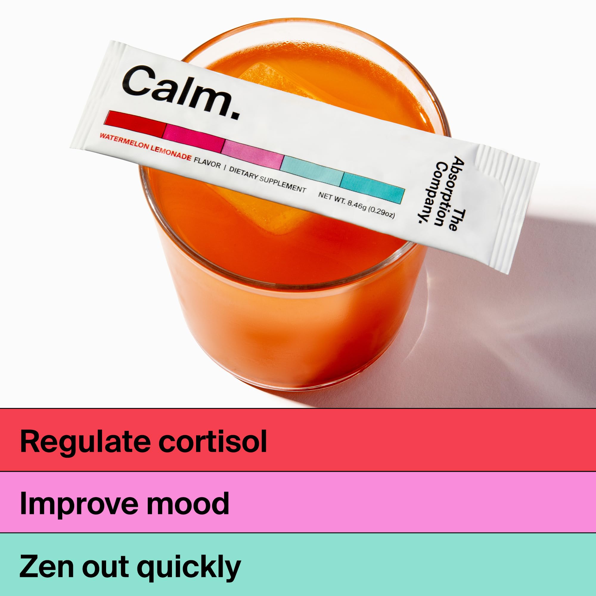 The Absorption Company Calm Drink Mix poured into water in a clear glass.