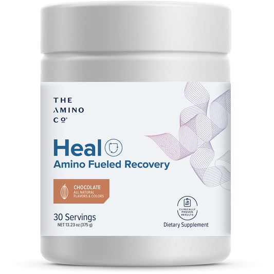 The Amino Co Heal chocolate bottle pouring after workout for recovery.