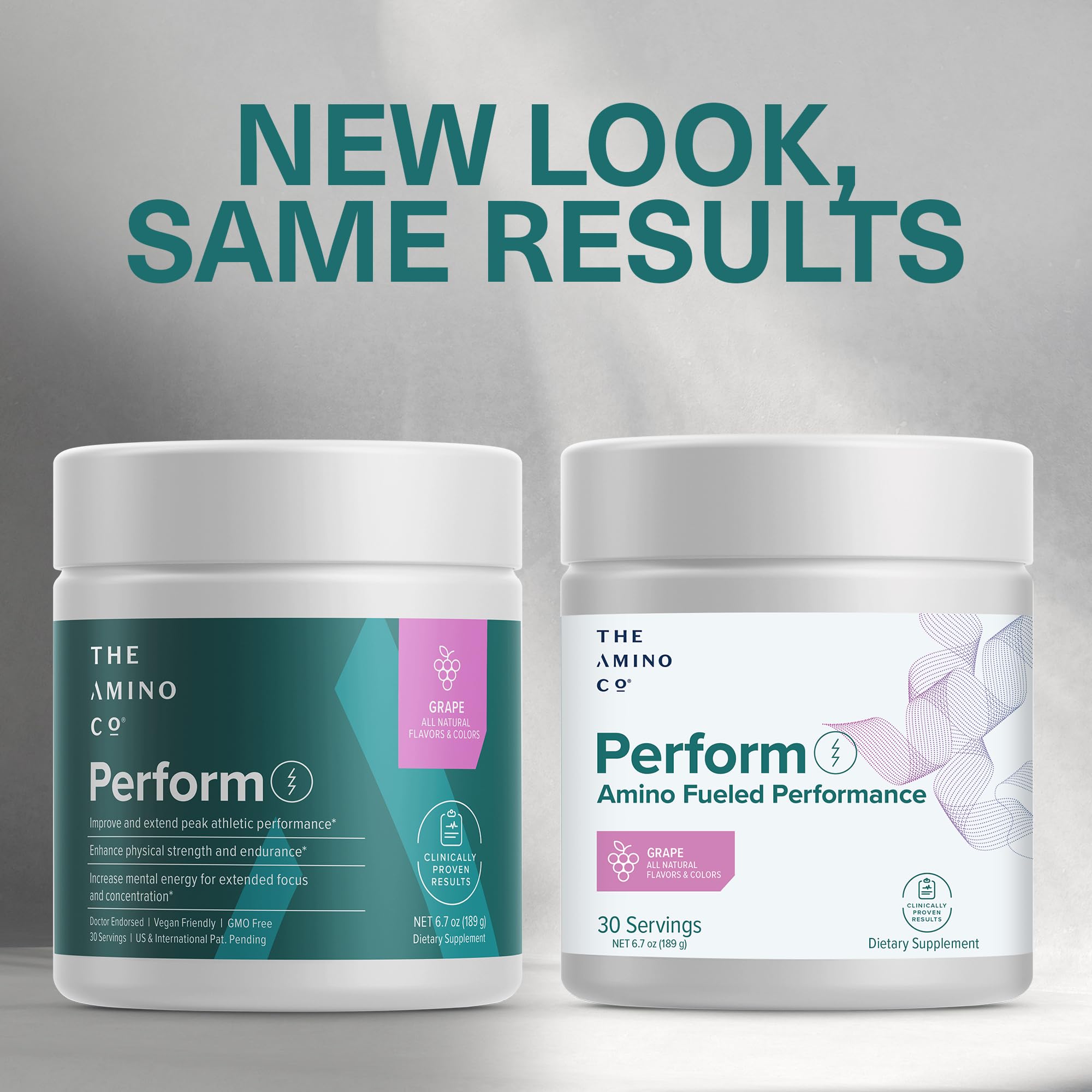 The Amino CO Heal grape powder label close-up highlights formula features