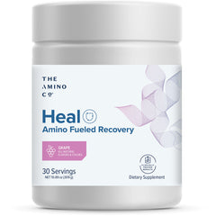 The Amino CO Heal grape powder tub shown for post-workout recovery