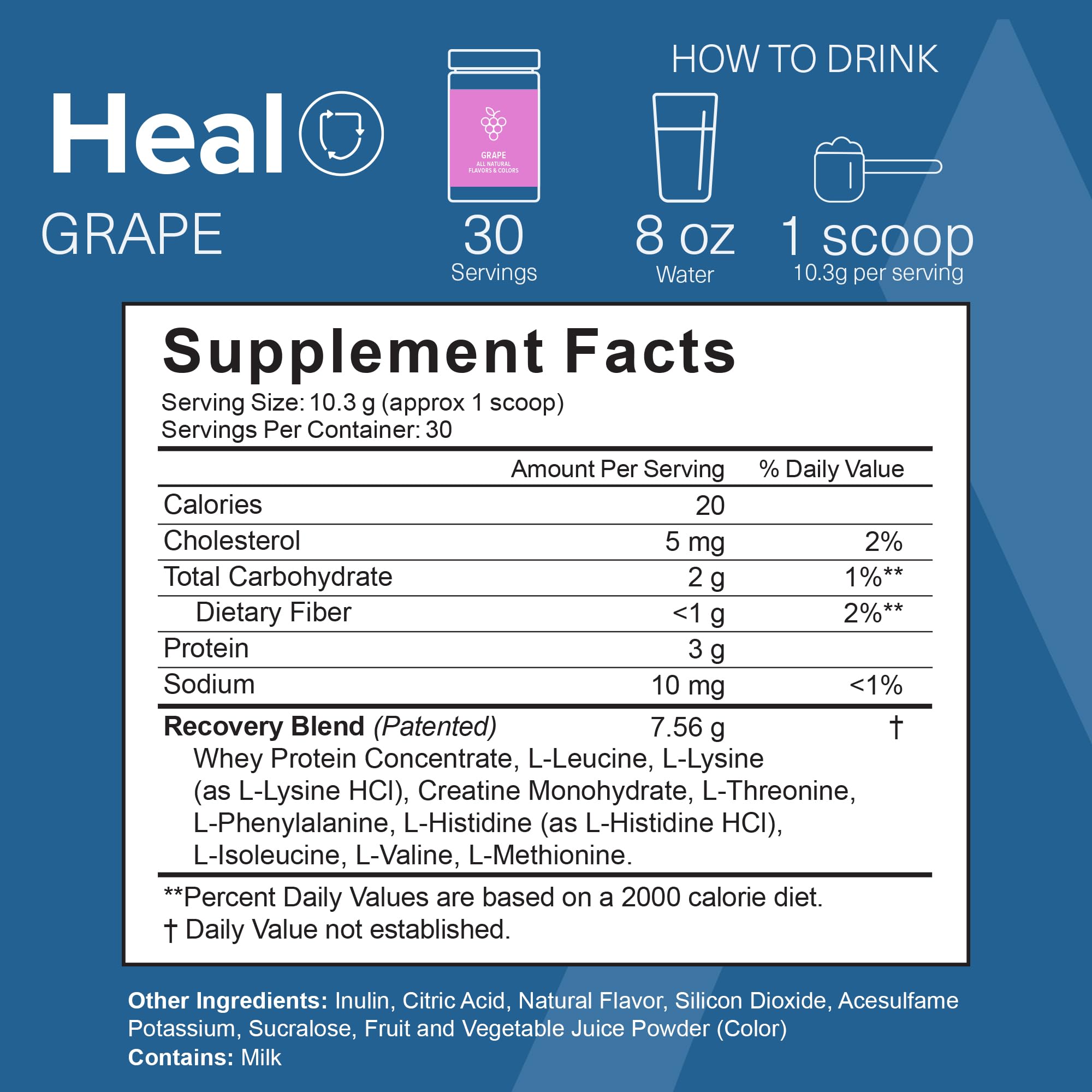 The Amino CO Heal scoop ready to measure grape powder