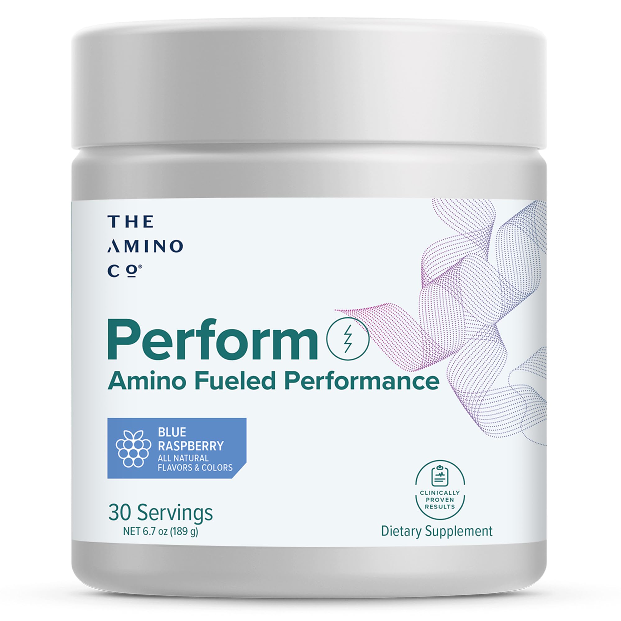 The Amino CO Perform blue raspberry bottle front for focused pre-workout energy.