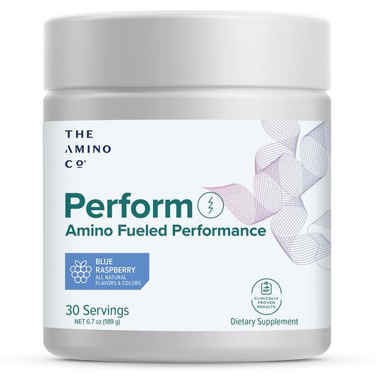The Amino CO Perform blue raspberry bottle front for focused pre-workout energy.