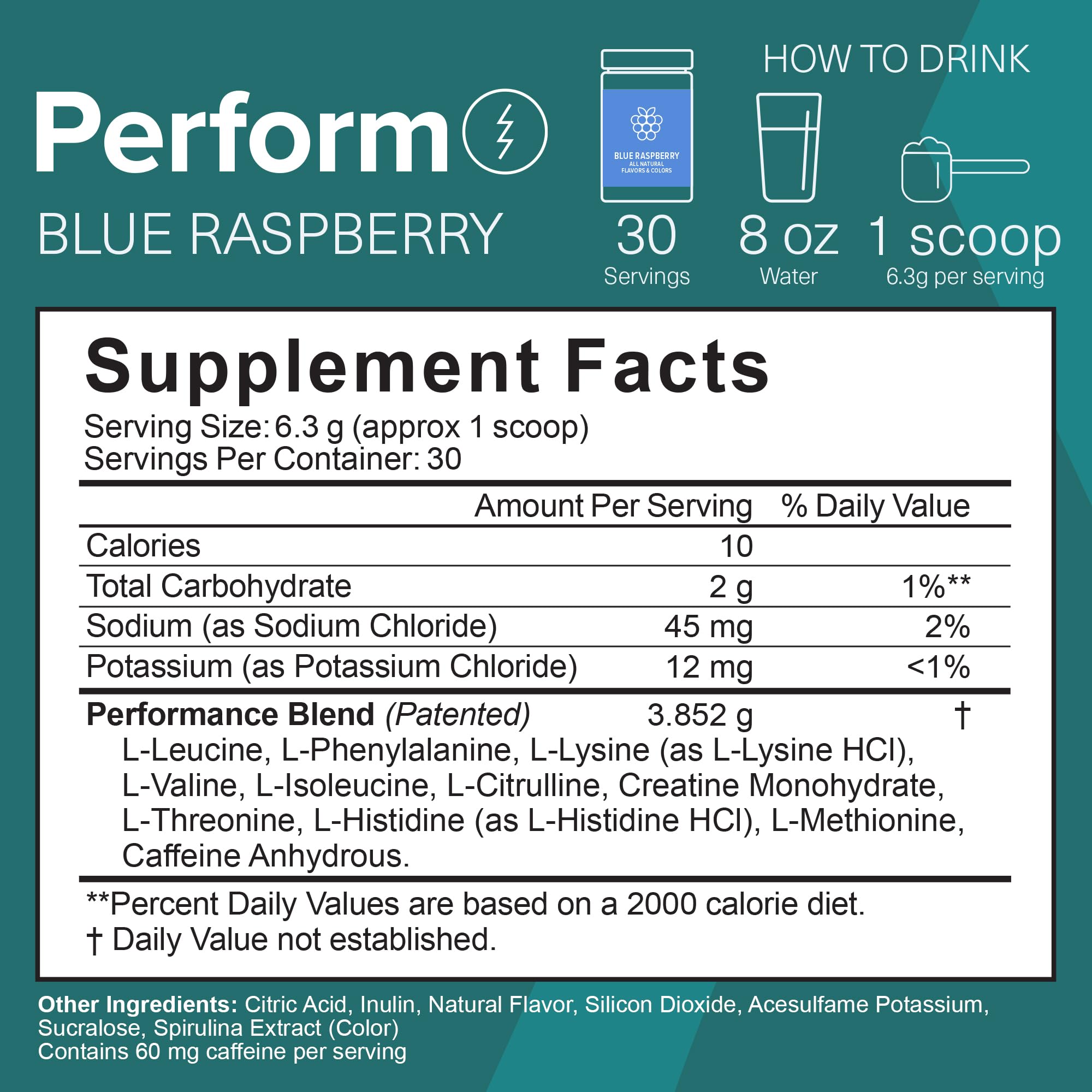 The Amino CO Perform blue raspberry dissolves easily in water for a refreshing lift.