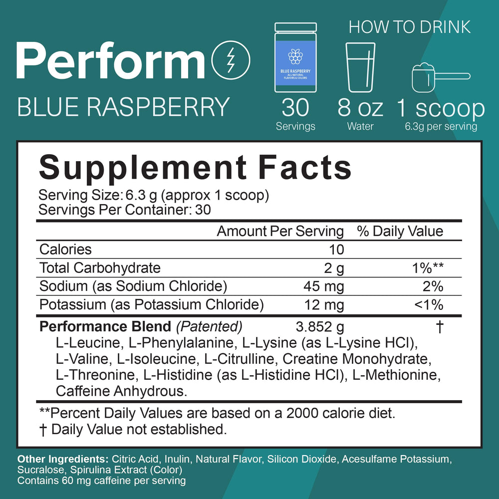 The Amino CO Perform blue raspberry dissolves easily in water for a refreshing lift.