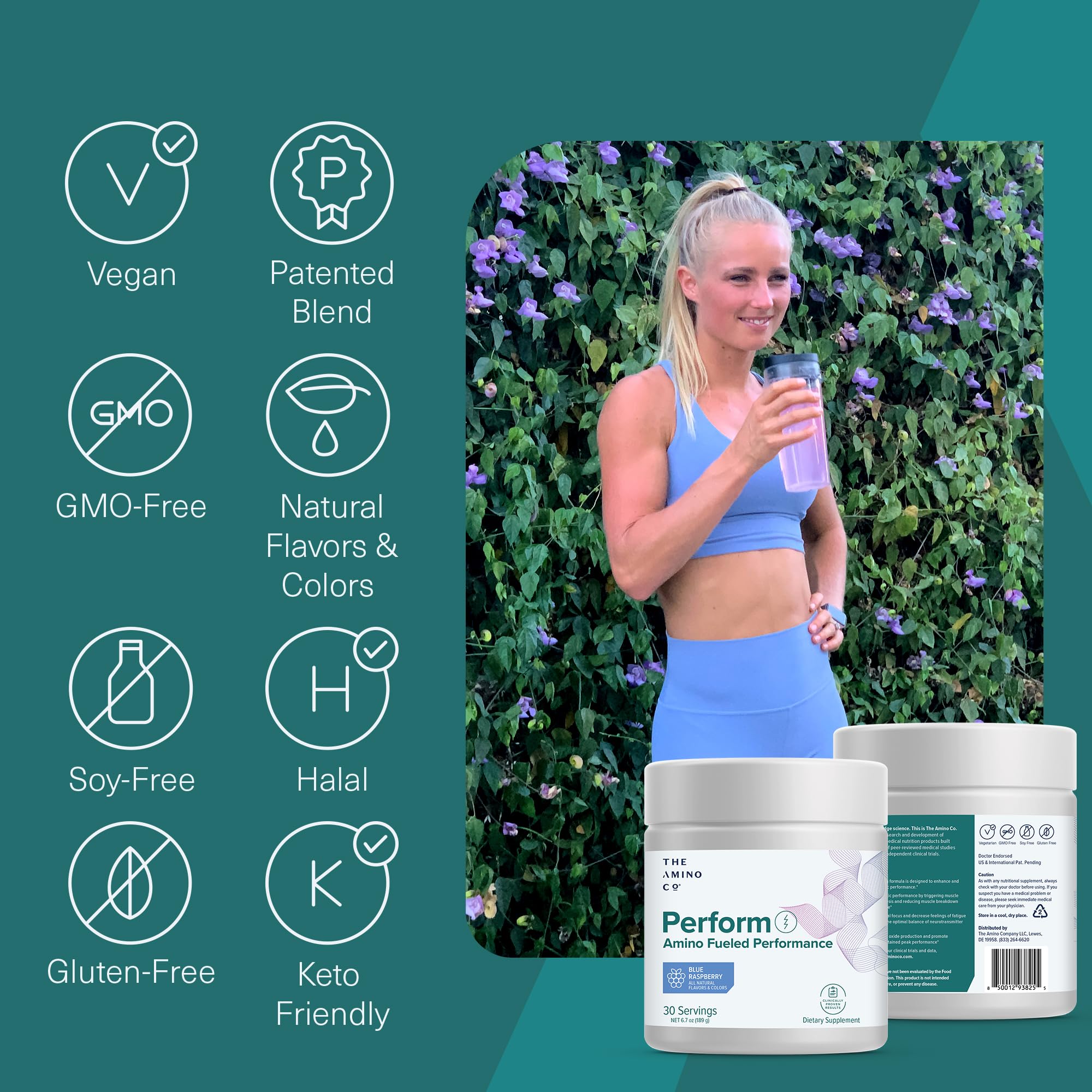 The Amino CO Perform blue raspberry nutrition panel highlights EAAs, creatine, caffeine.