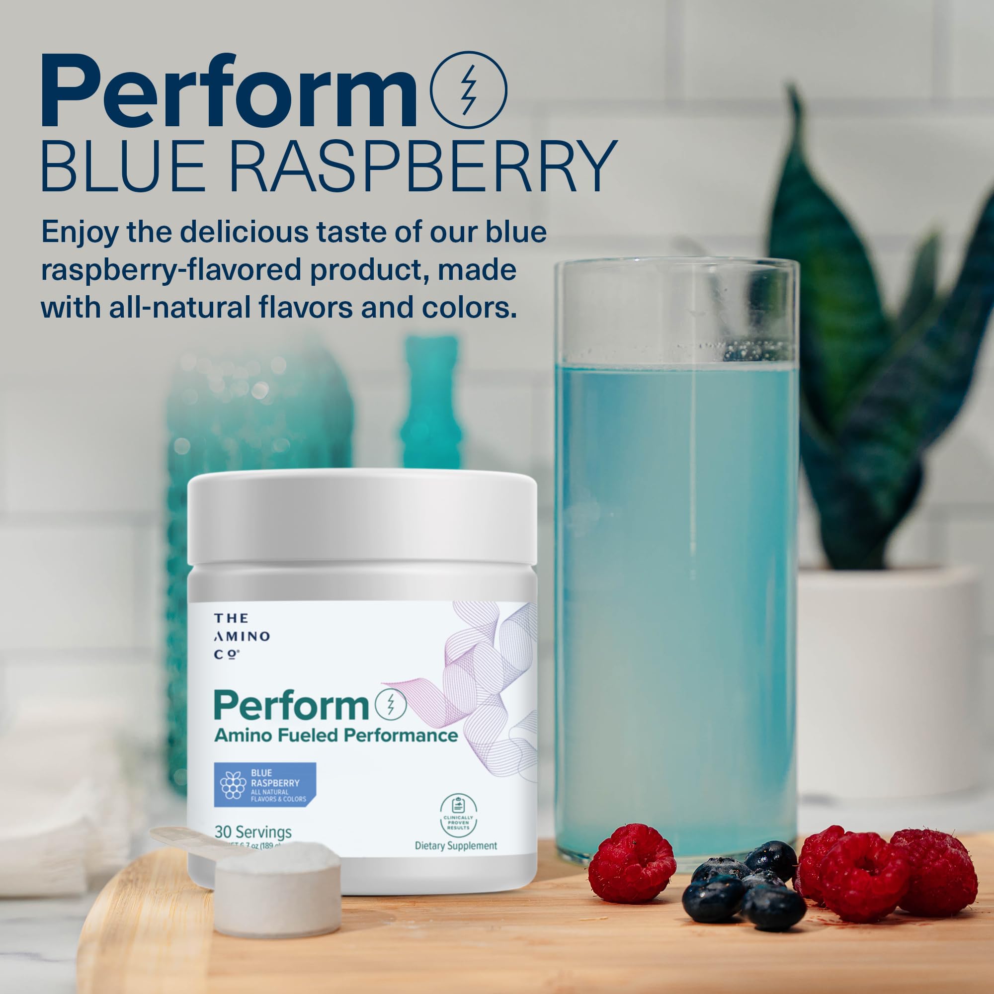 The Amino CO Perform blue raspberry packaging notes vegan and keto-friendly.