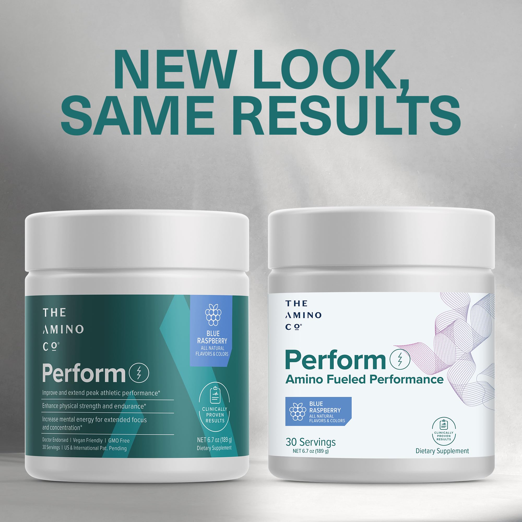 The Amino CO Perform blue raspberry powder scoop beside bottle for quick measurement.