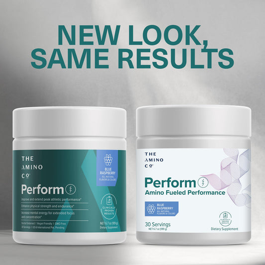 The Amino CO Perform blue raspberry powder scoop beside bottle for quick measurement.