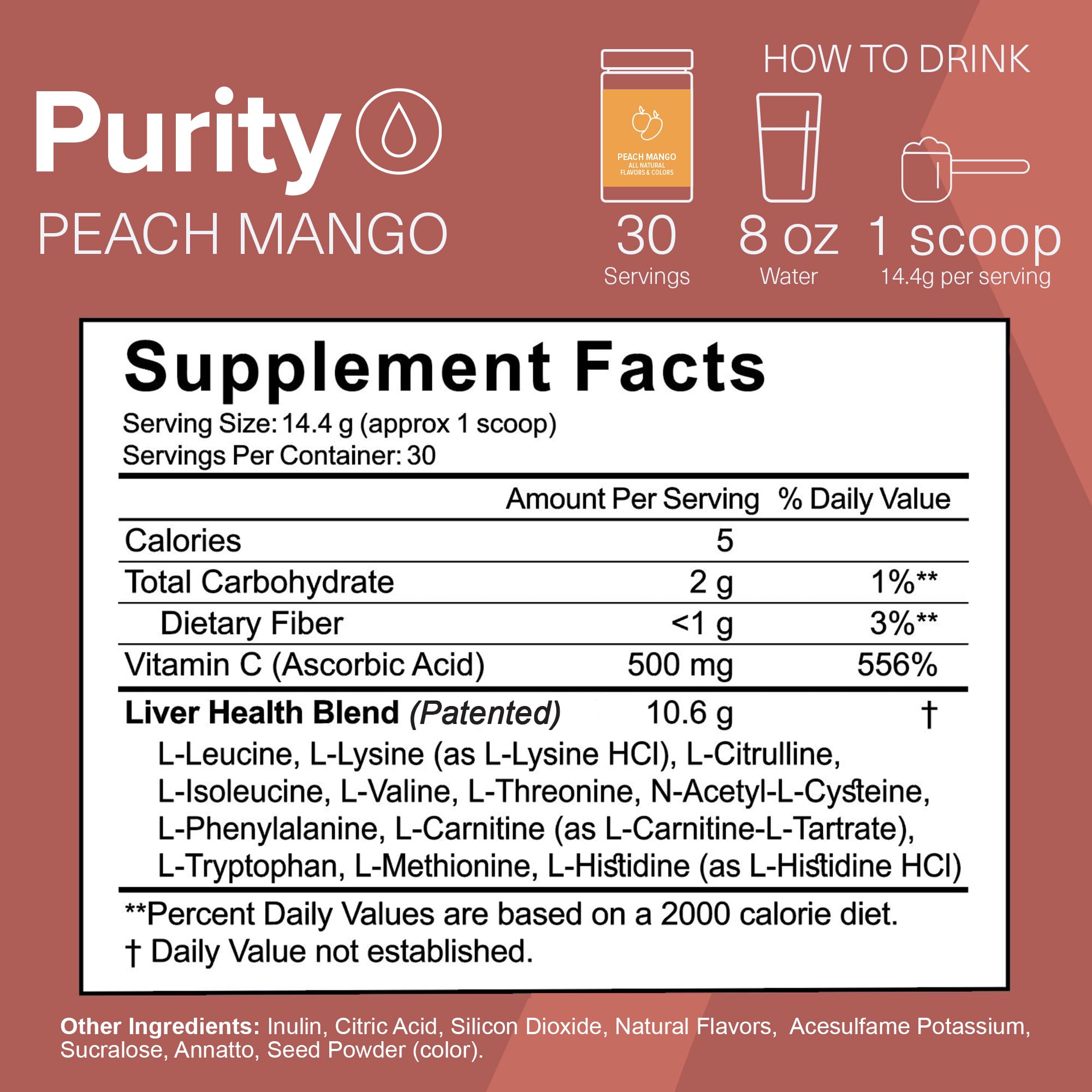 The Amino Co Purity ingredients label highlights NAC and L-carnitine for detox support.