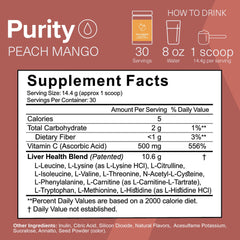The Amino Co Purity ingredients label highlights NAC and L-carnitine for detox support.