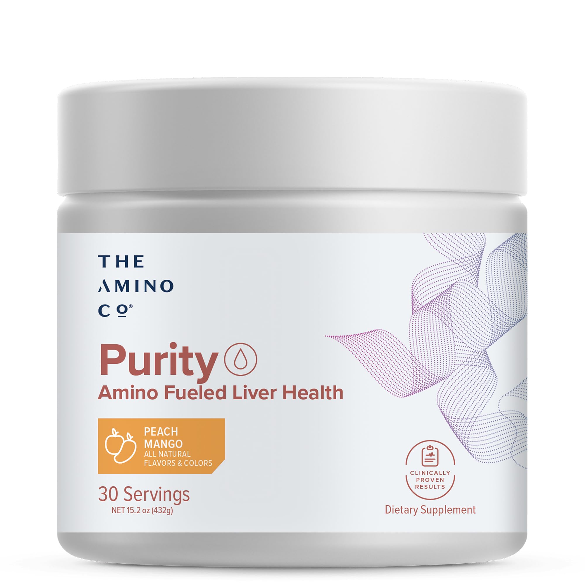 The Amino Co Purity liver detox bottle shows peach mango flavor for daily liver support.