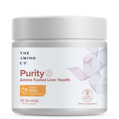 The Amino Co Purity liver detox bottle shows peach mango flavor for daily liver support.