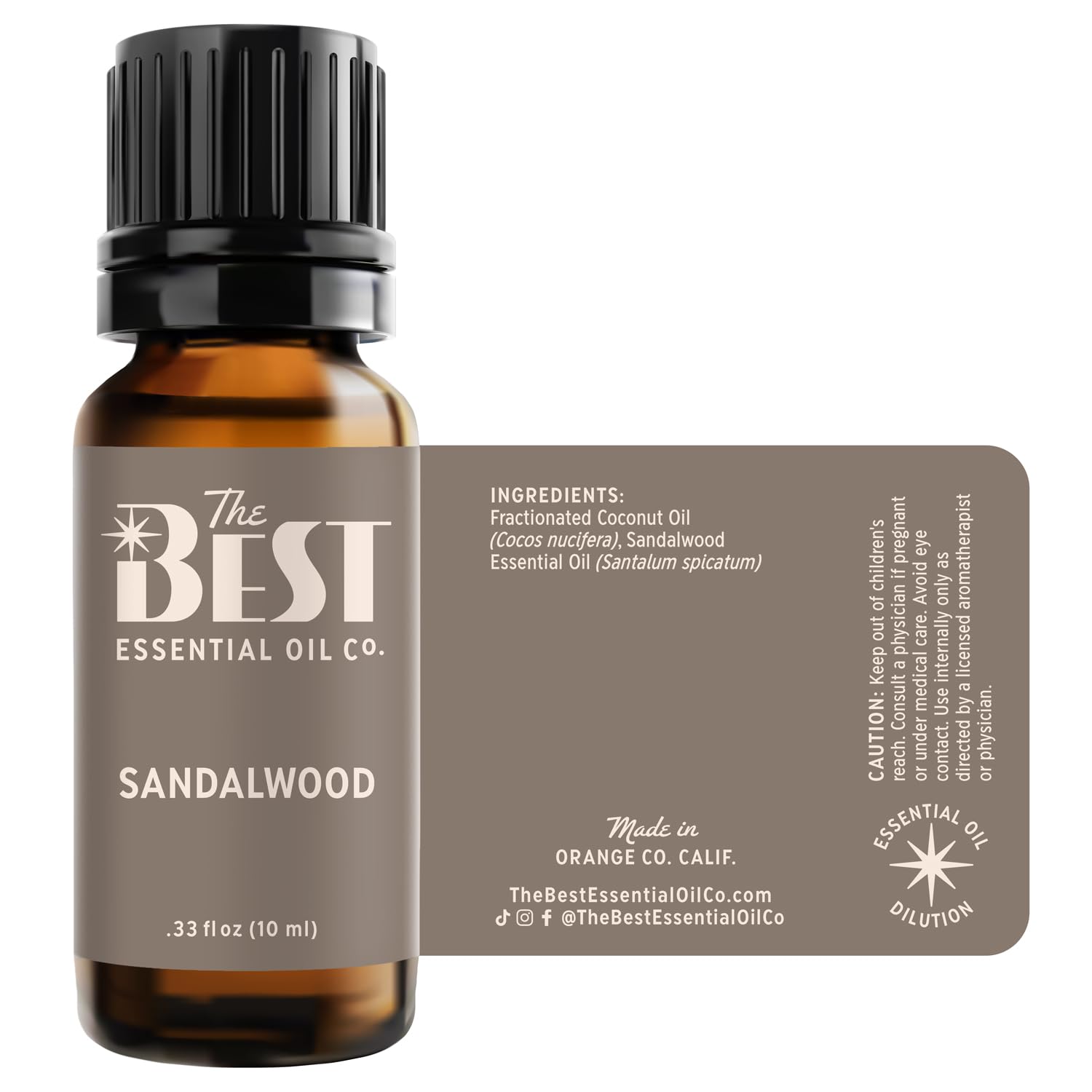 Packaging and labeling of The Best Essential Oil Co sandalwood bottle.