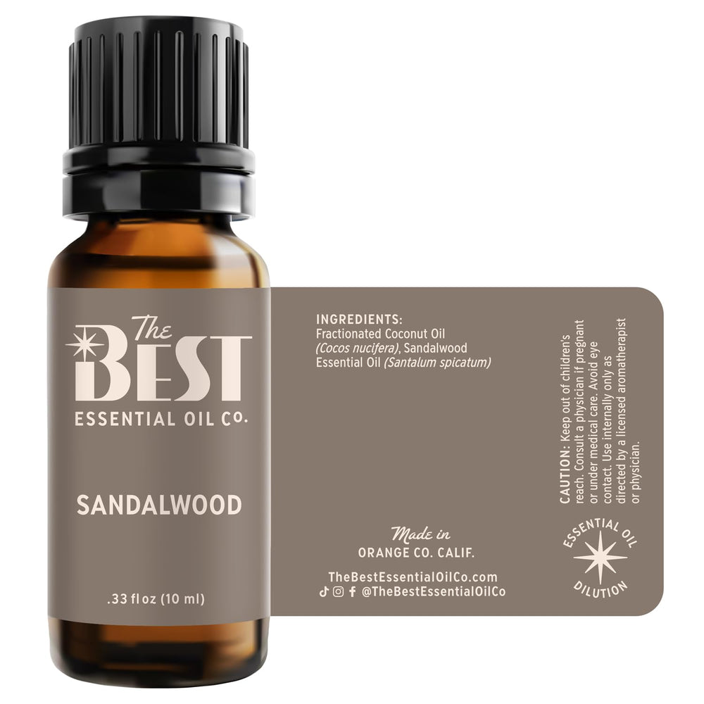 Packaging and labeling of The Best Essential Oil Co sandalwood bottle.