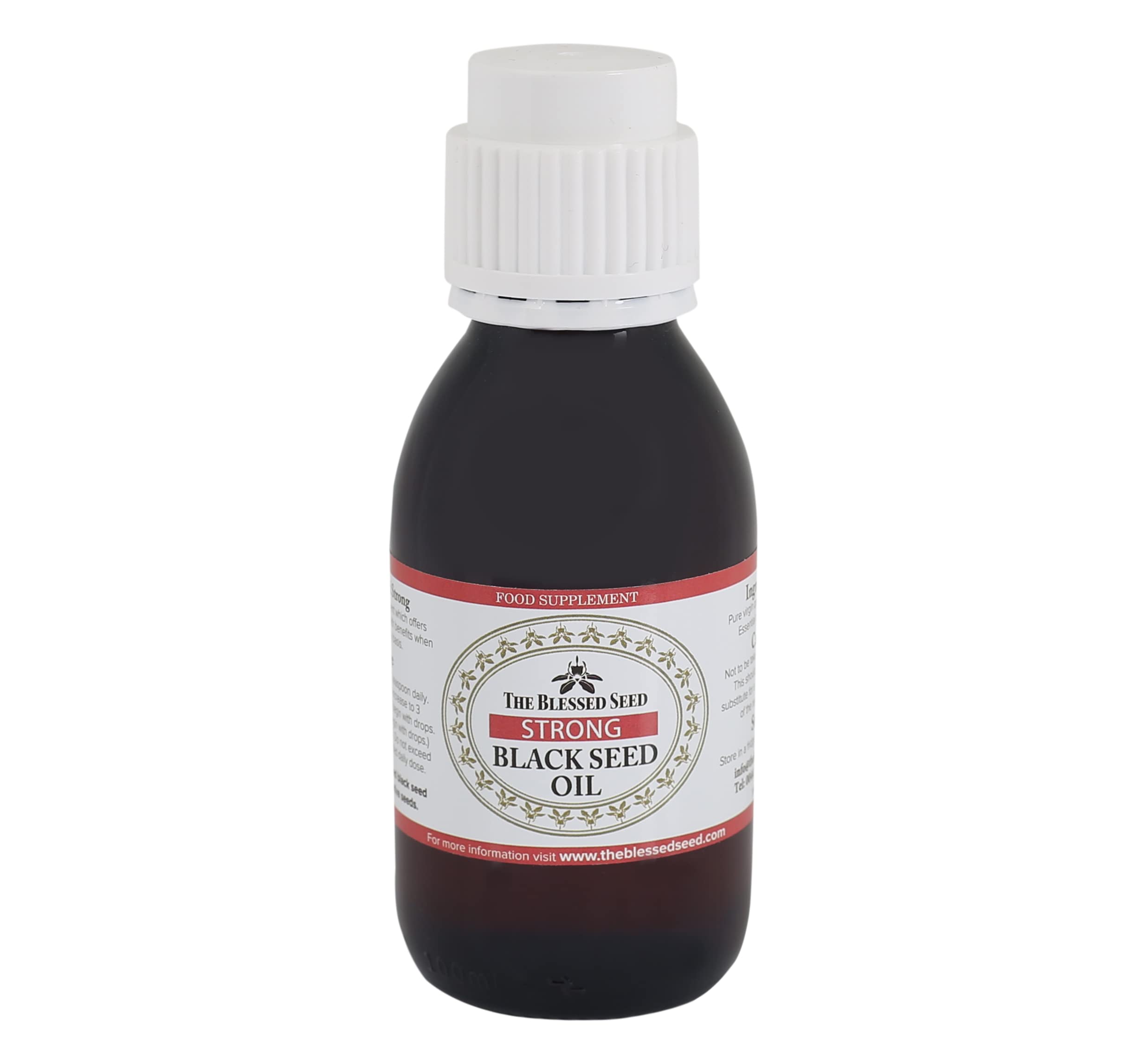 The Blessed Seed strong black seed oil bottle front, premium cold-pressed oil for daily wellness.