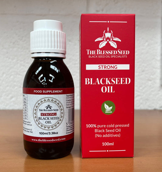 The Blessed Seed label closeup showing high-quality Nigella Sativa sourcing and branding.