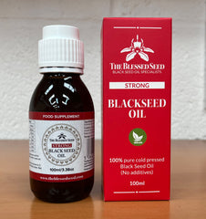 The Blessed Seed label closeup showing high-quality Nigella Sativa sourcing and branding.