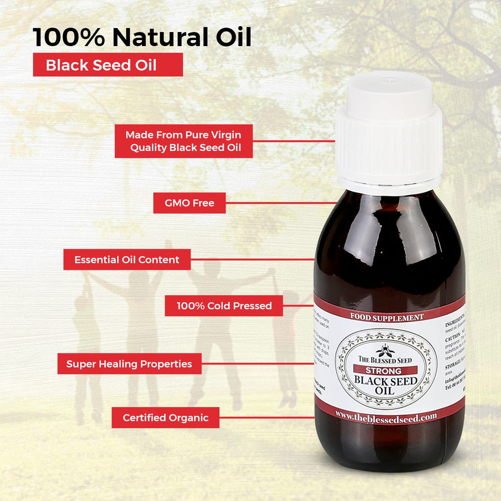 The Blessed Seed seeds inside bottle highlight Nigella Sativa origin and quality.