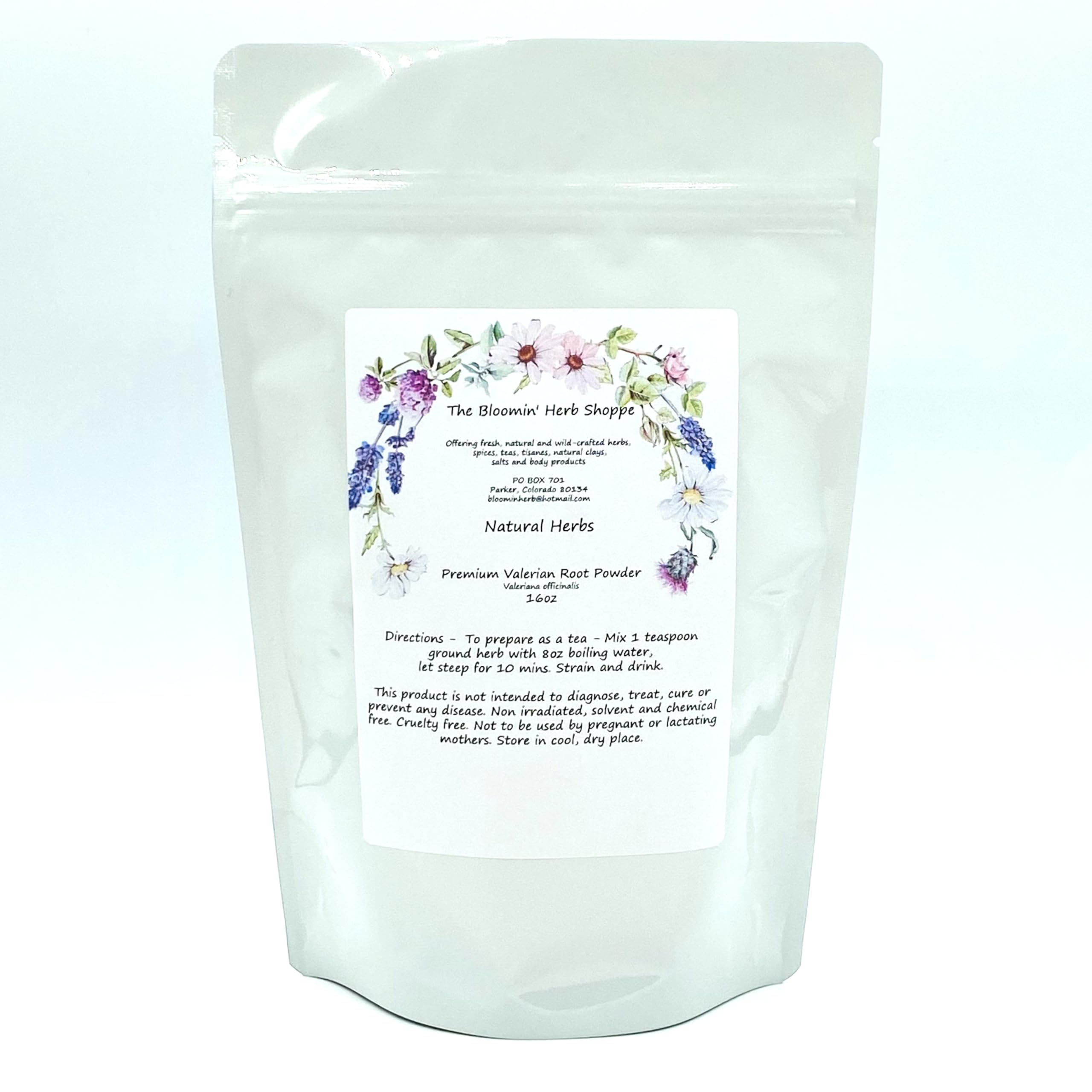 The Bloomin' Herb Shoppe valerian bulk bag shows resealable packaging for bulk orders.
