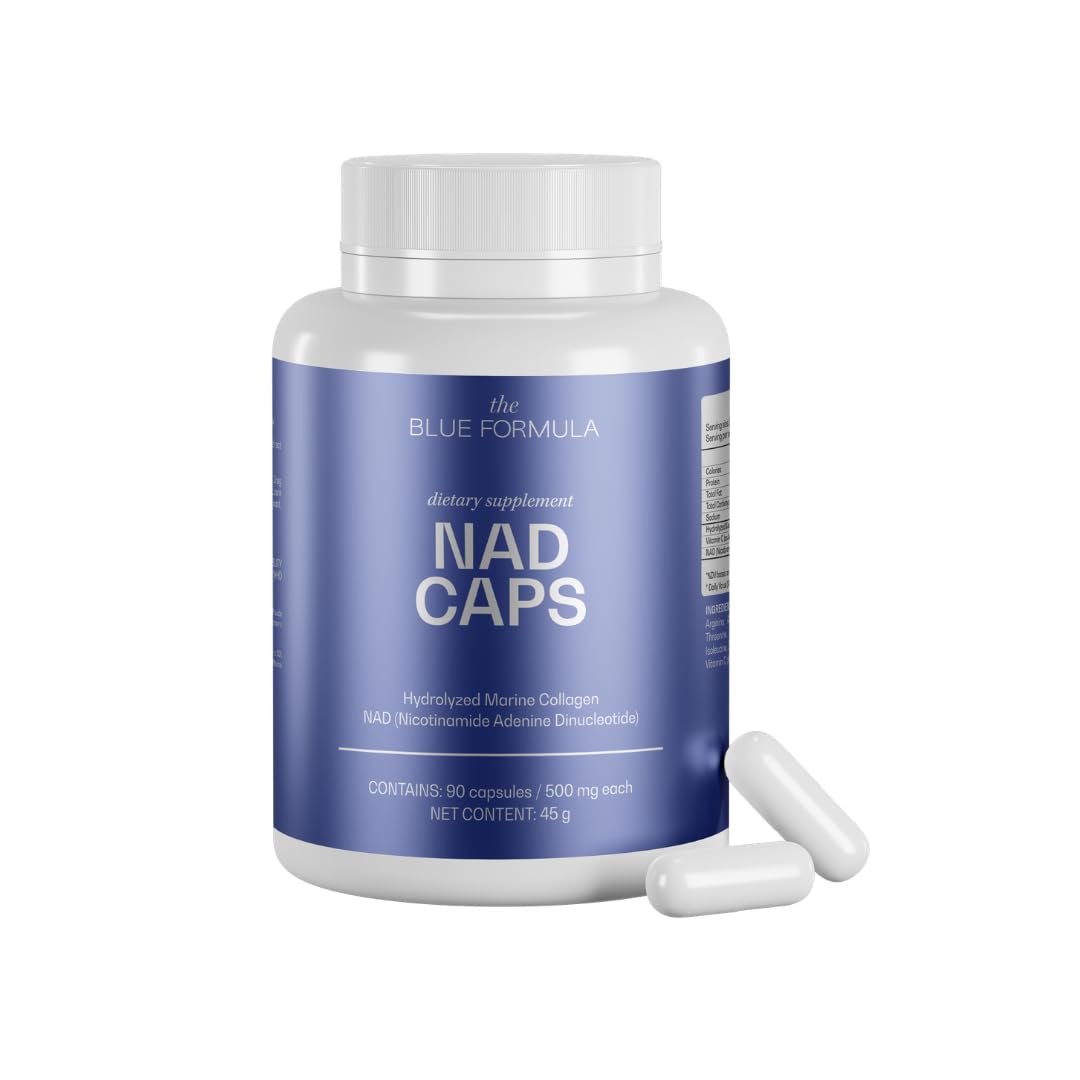 The Blue Formula NAD Caps bottle front for daily energy support and convenience.