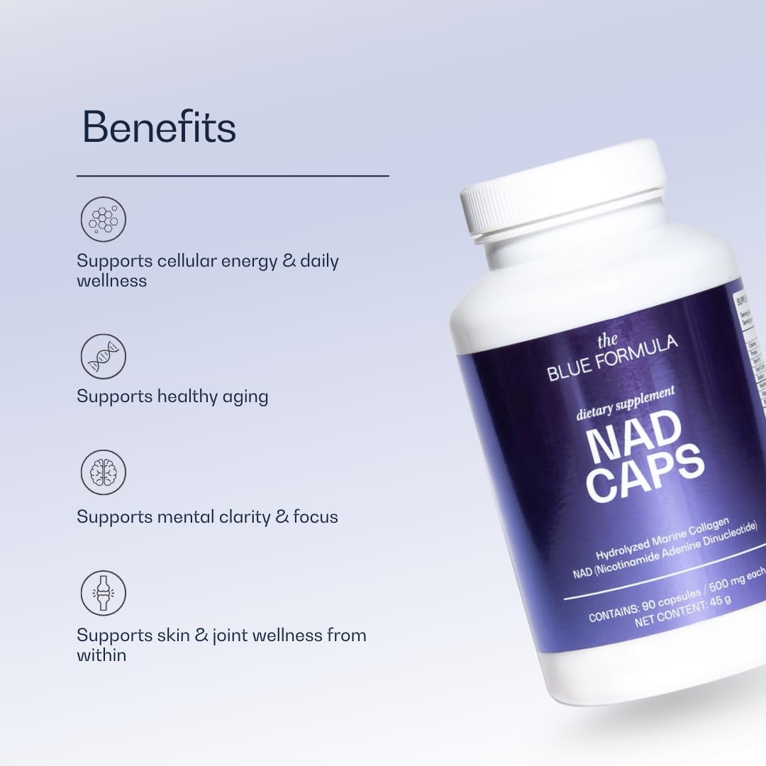 The Blue Formula NAD Caps bottle on table highlighting a simple 3-capsule daily routine.