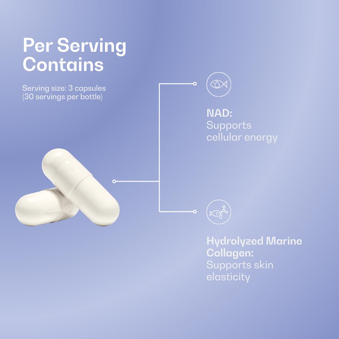 The Blue Formula NAD Caps label closeup emphasizes NAD+ and marine collagen fusion.