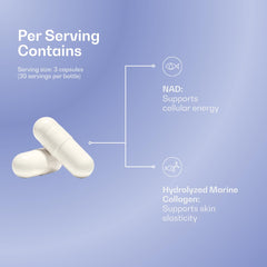 The Blue Formula NAD Caps label closeup emphasizes NAD+ and marine collagen fusion.