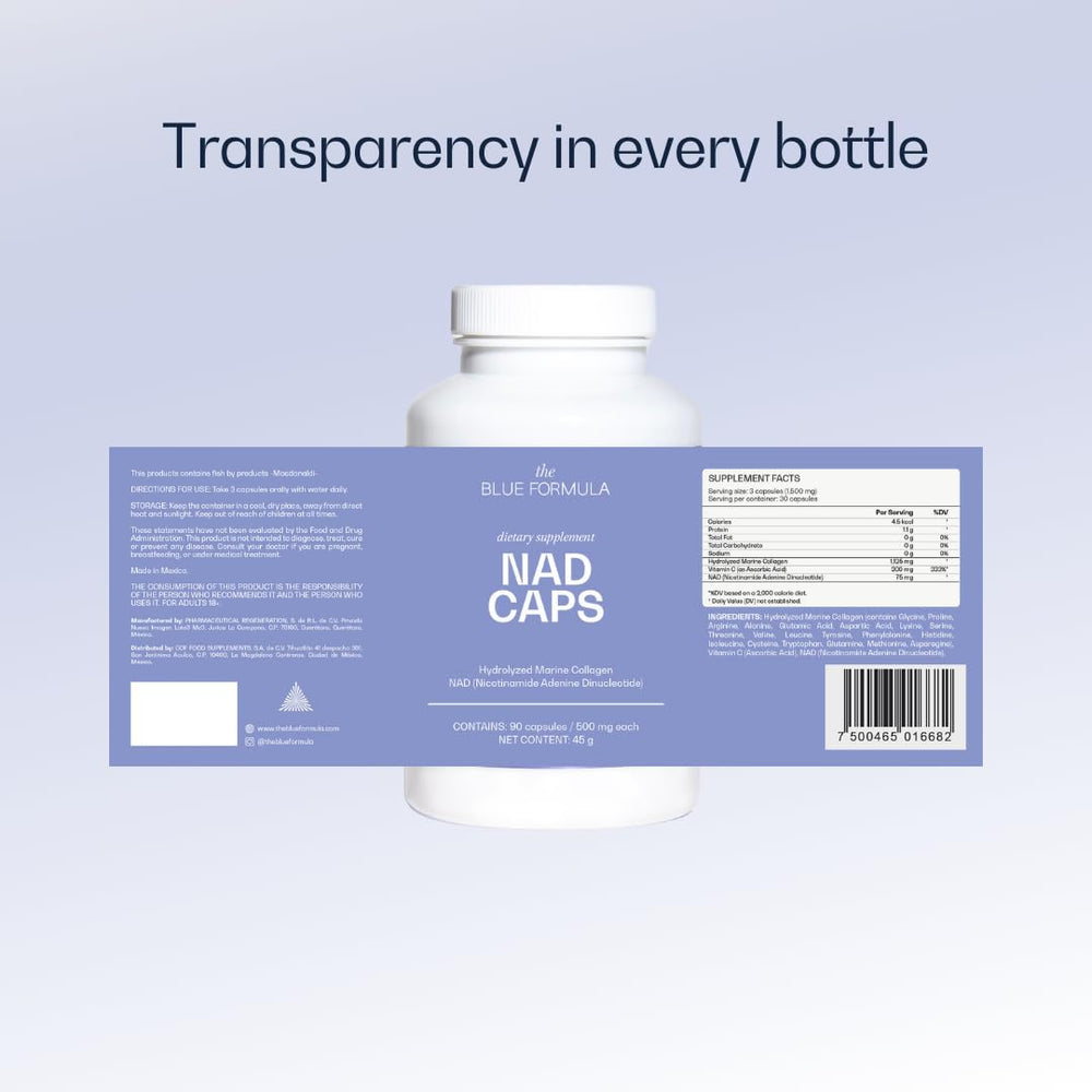 The Blue Formula NAD Caps packaging on white background communicates transparency.