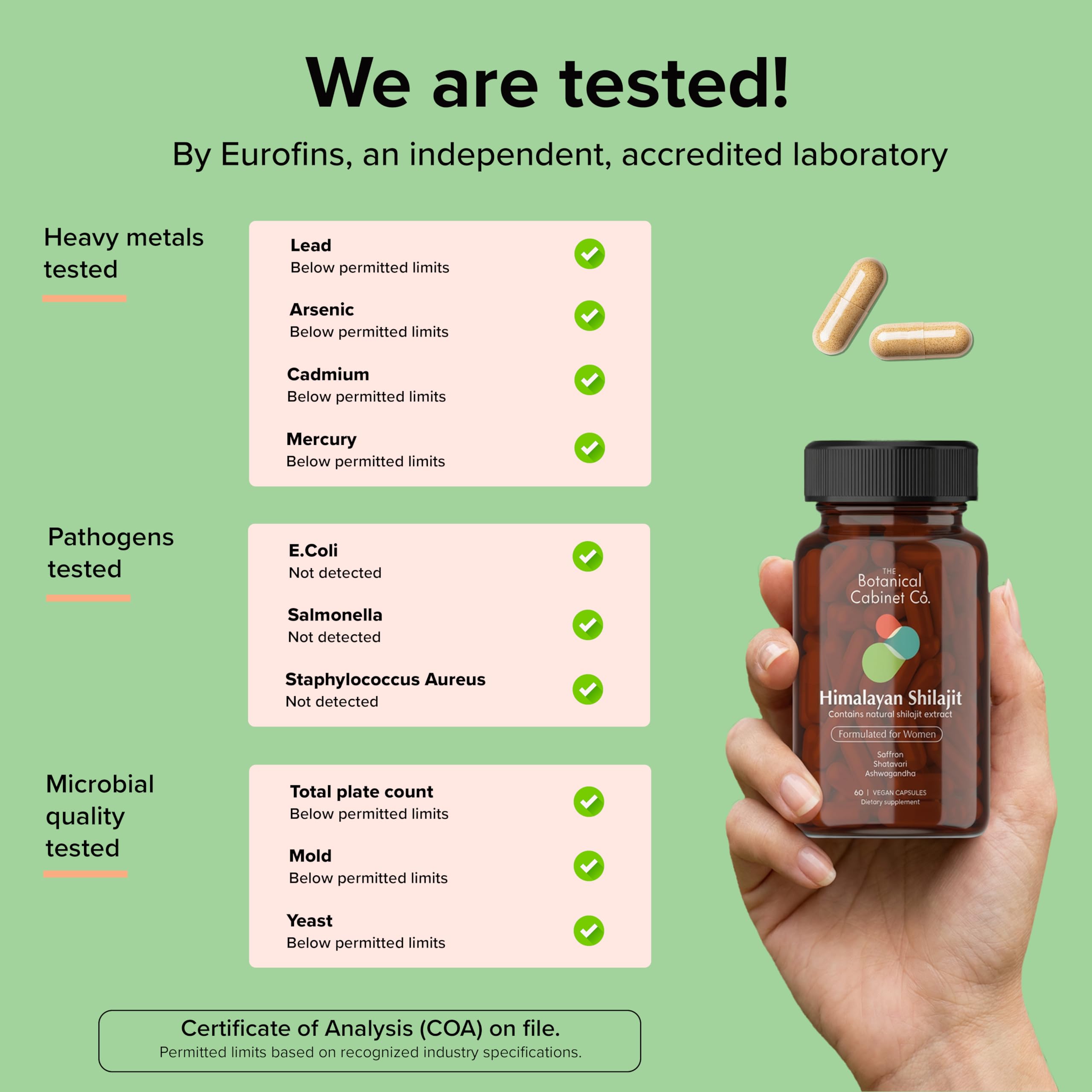 The Botanical Cabinet Co. Shilajit label highlights vegan, non-GMO, and allergen-free traits.