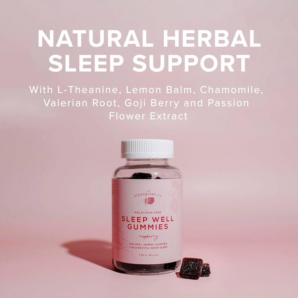 The Elderberry Co Sleep Well bottle beside a glass of water signals a peaceful bedtime ritual.