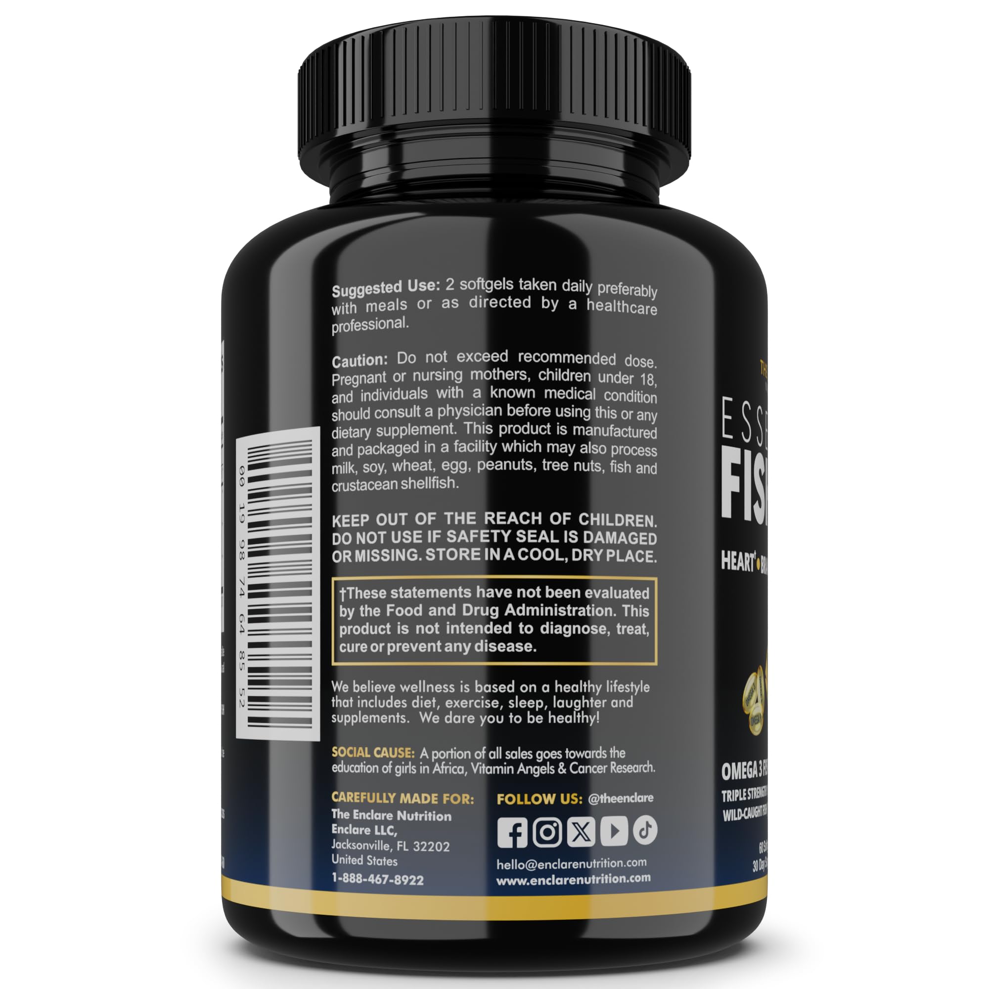 Enclare fish oil product packaging showing 60 softgels with heart, brain, eye wellness appeal