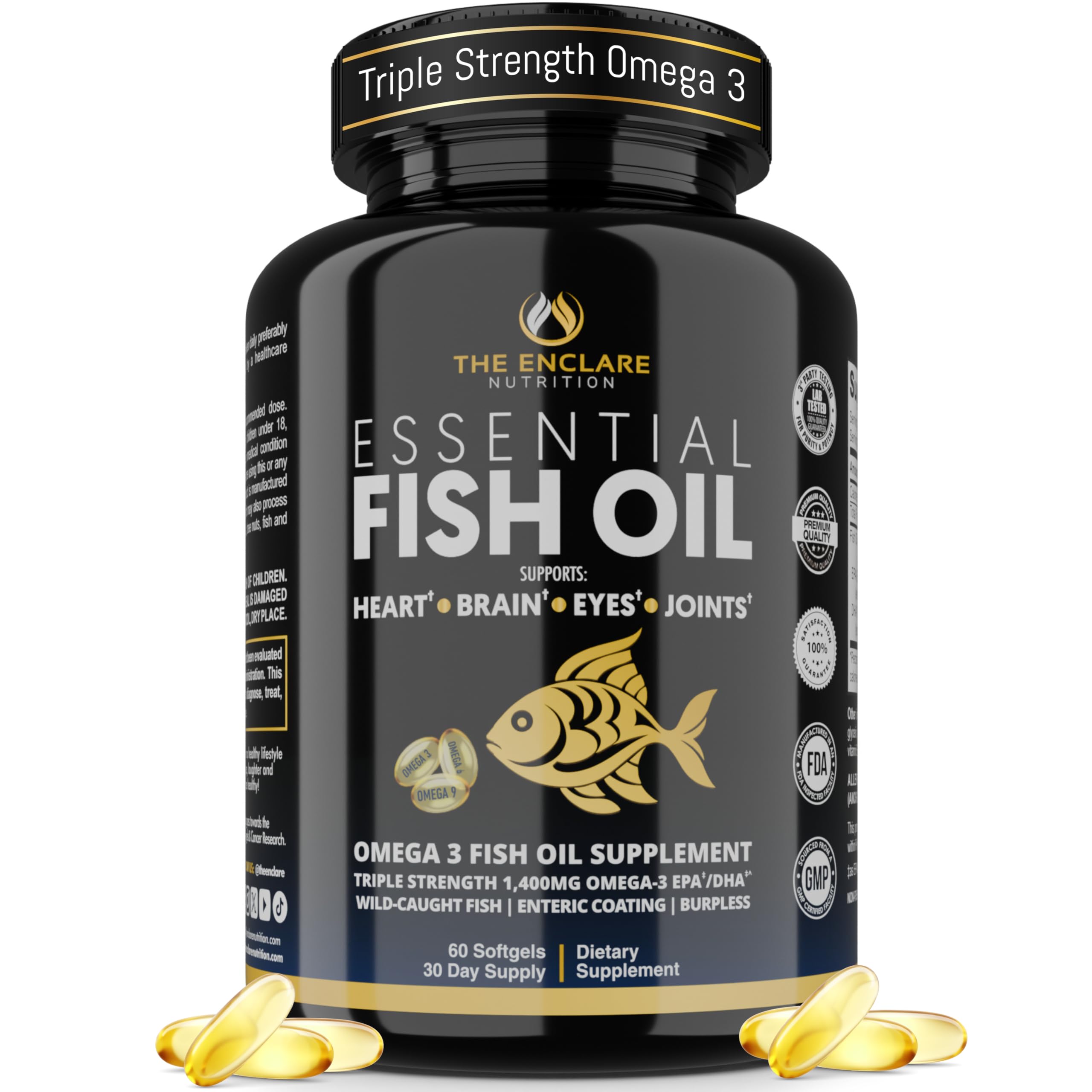 THE ENCLARE NUTRITION fish oil softgels bottle illustration highlighting burpless, high EPA/DHA omega-3 for heart support