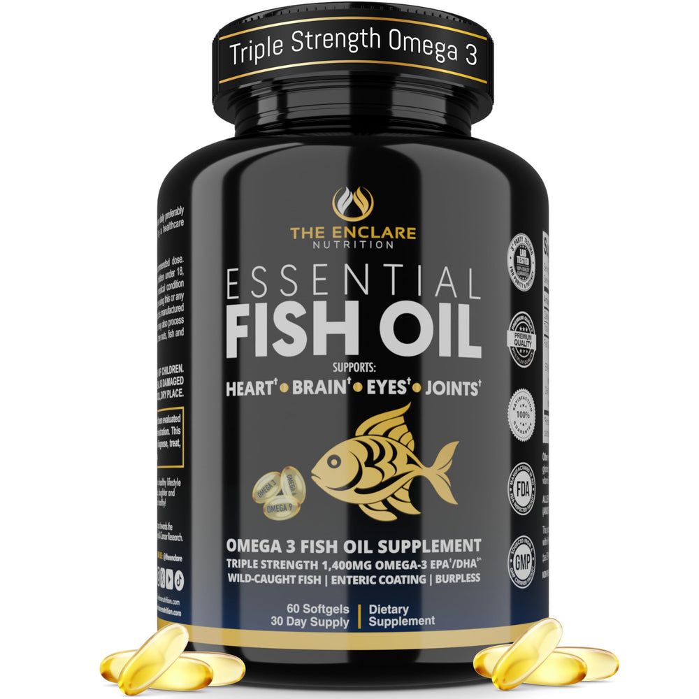 THE ENCLARE NUTRITION fish oil softgels bottle illustration highlighting burpless, high EPA/DHA omega-3 for heart support