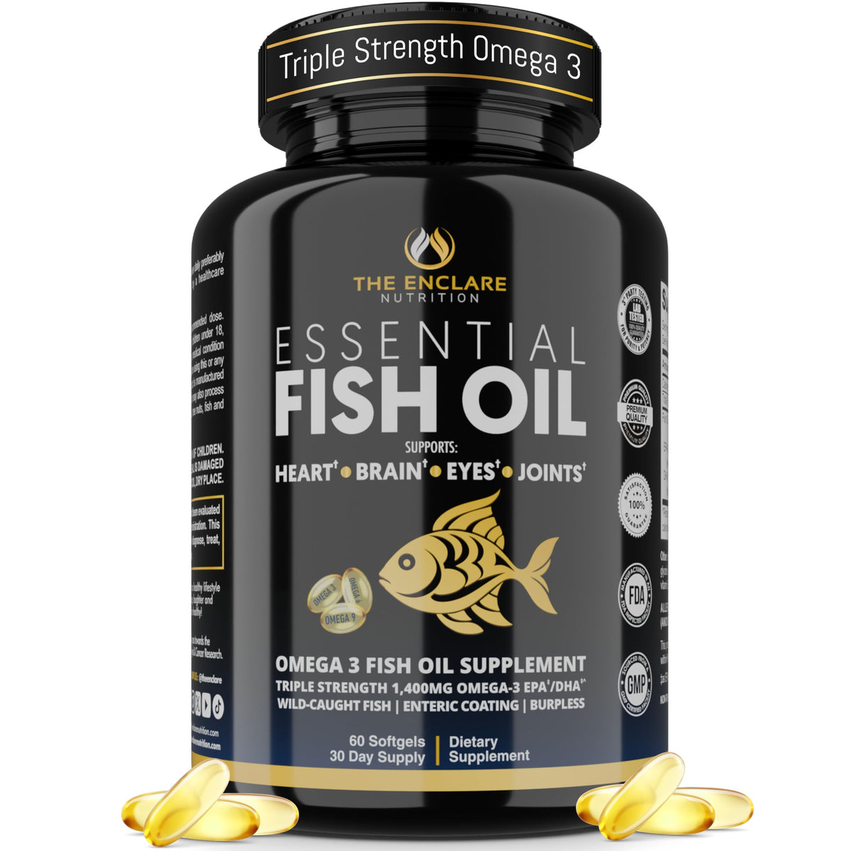 THE ENCLARE NUTRITION fish oil softgels bottle illustration highlighting burpless, high EPA/DHA omega-3 for heart support