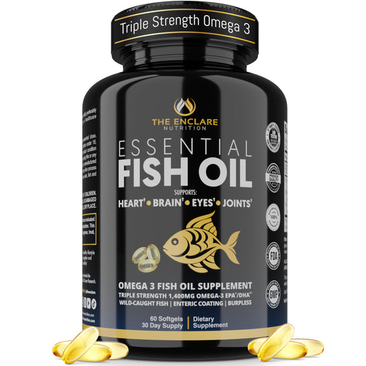 THE ENCLARE NUTRITION fish oil softgels bottle illustration highlighting burpless, high EPA/DHA omega-3 for heart support