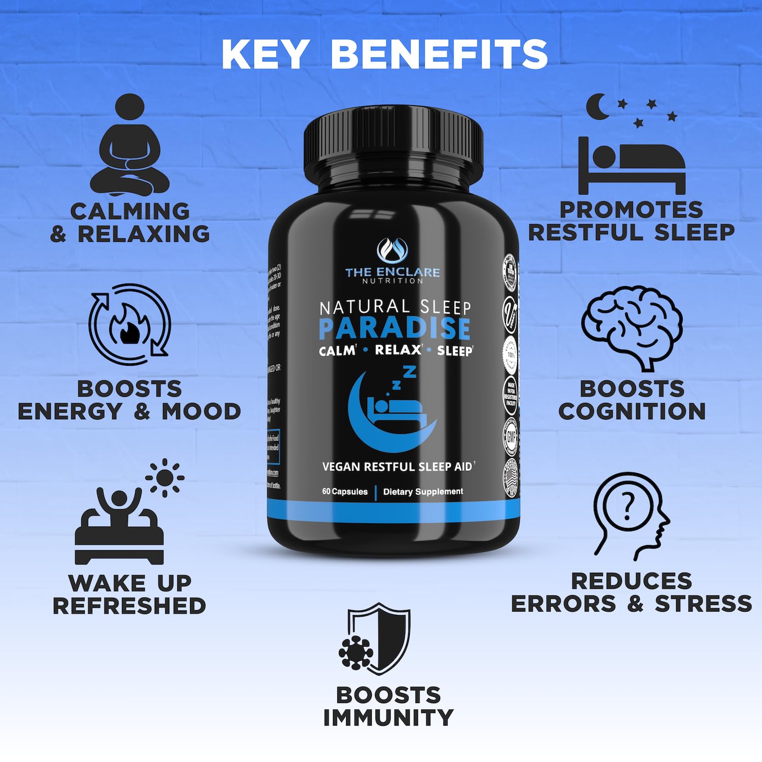 GMP certification mark displayed with THE ENCLARE NUTRITION Melatonin bottle