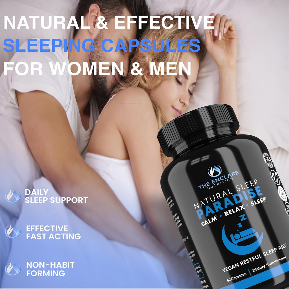 Sleep scene with THE ENCLARE NUTRITION Melatonin glass and bottle ready for use