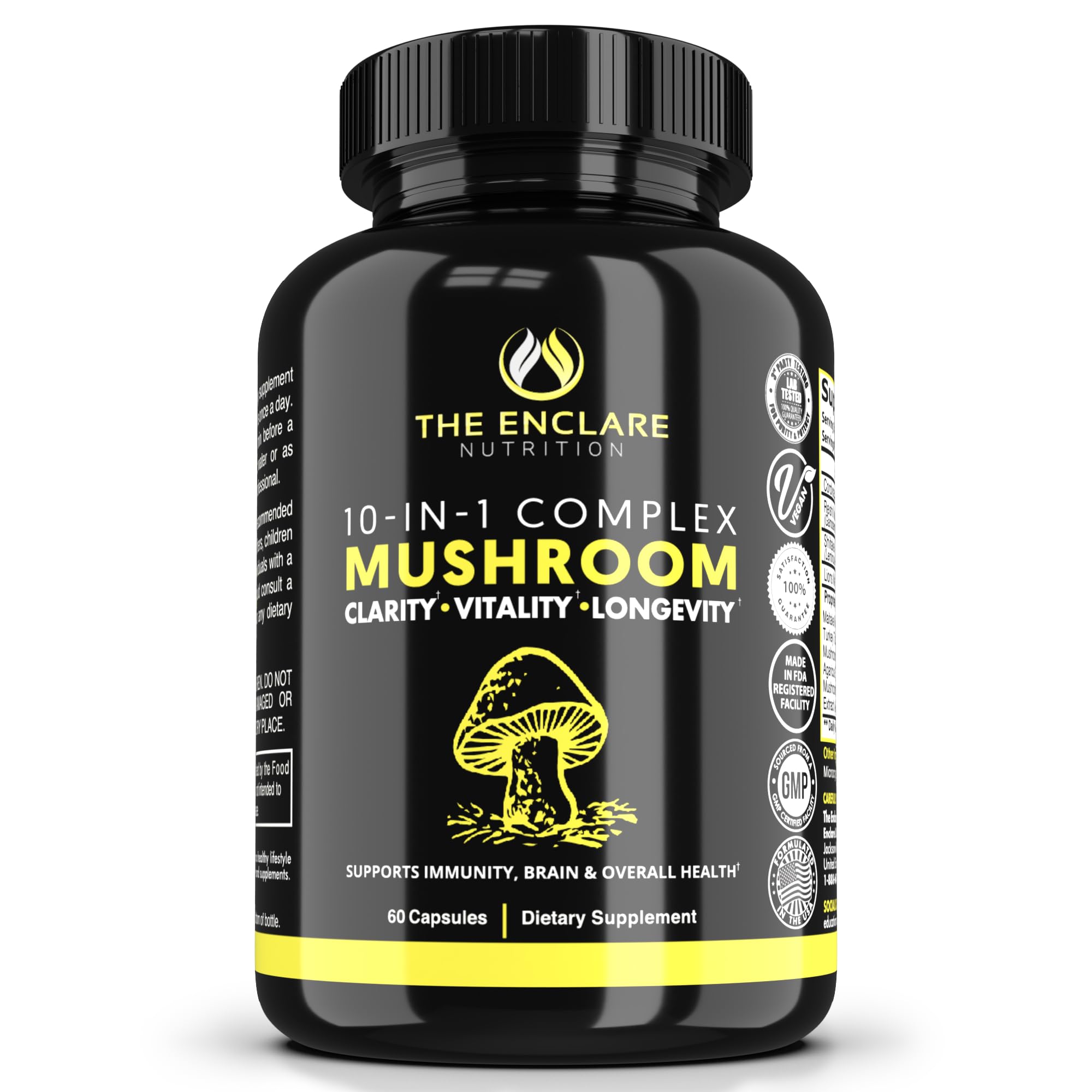 The Enclare Nutrition Mushroom 10in1 bottle highlights an immune support blend for daily wellness.