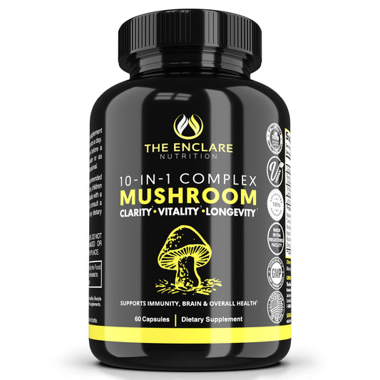 The Enclare Nutrition Mushroom 10in1 bottle highlights an immune support blend for daily wellness.