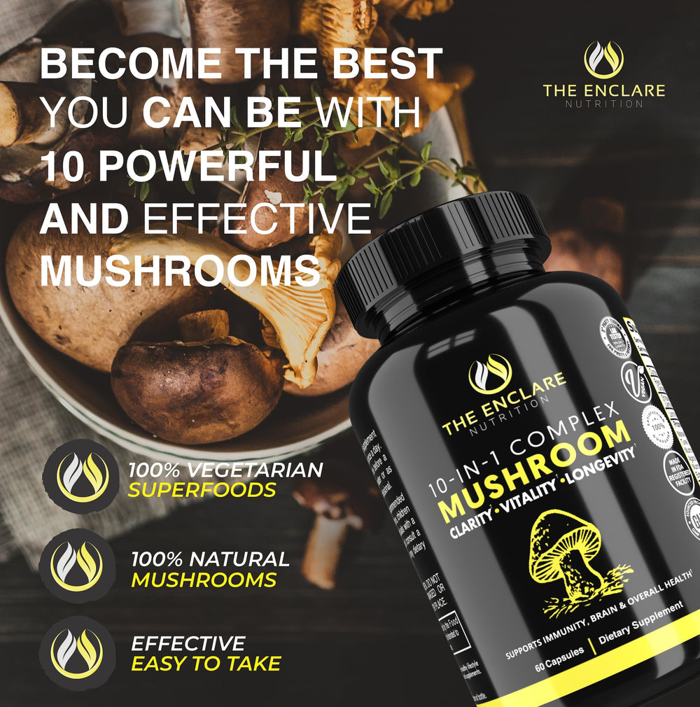 The Enclare Nutrition 10in1 ingredients panel highlights Lions Mane and other mushrooms.
