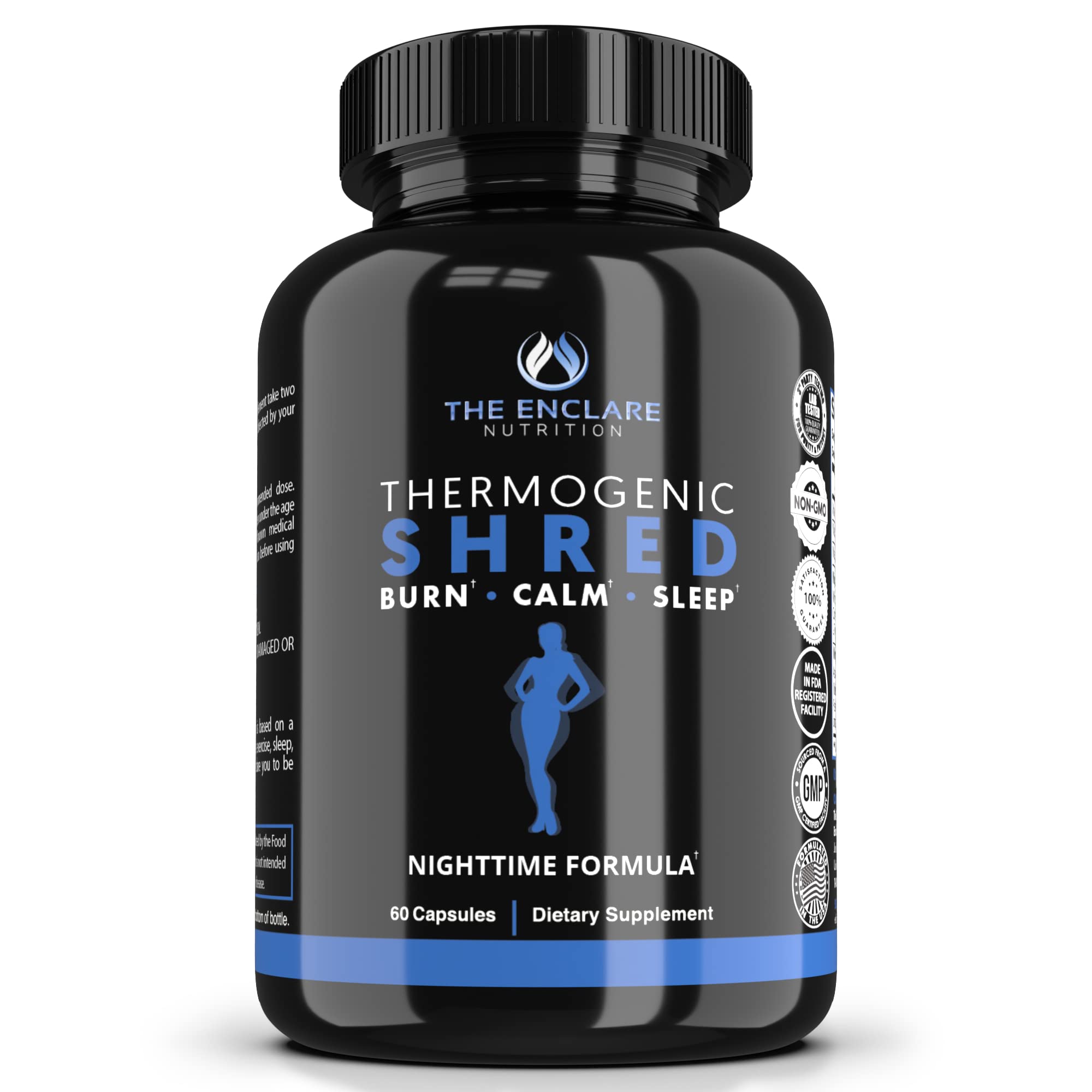 The Enclare Nutrition Thermogenic Shred bottle pouring, signaling restful sleep and lean mornings.