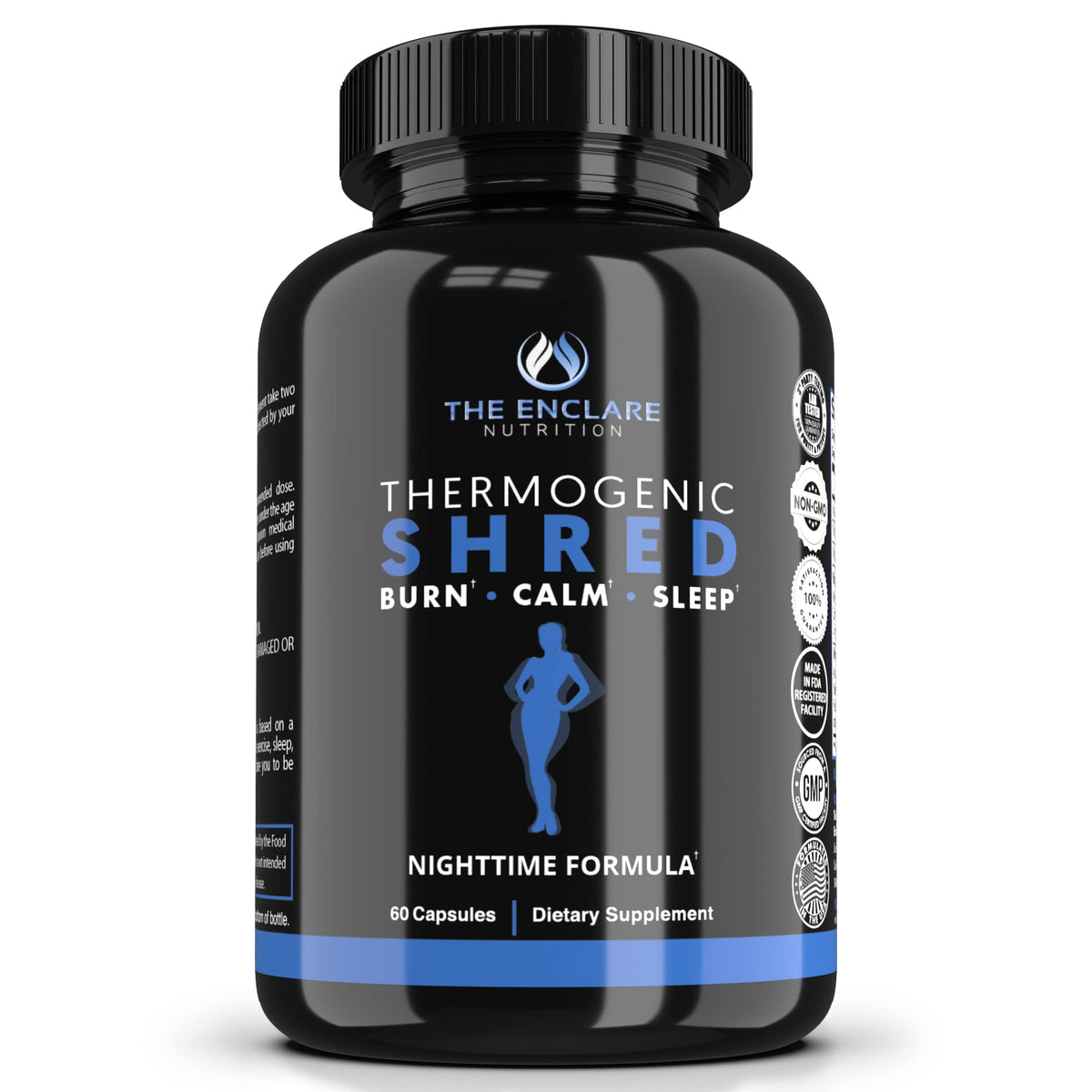The Enclare Nutrition Thermogenic Shred bottle pouring, signaling restful sleep and lean mornings.