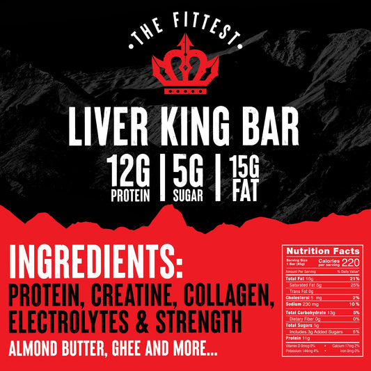 The Fittest Ever Liver King Bar with beef liver and collagen for muscle-supporting amino acids.