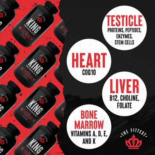 The Fittest King liver capsules close-up highlighting vitamins and energy nutrients.