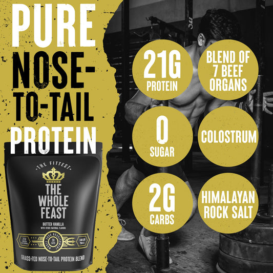 The Fittest Ever Whole Feast colostrum beef protein supports development with nutrient-dense profile.